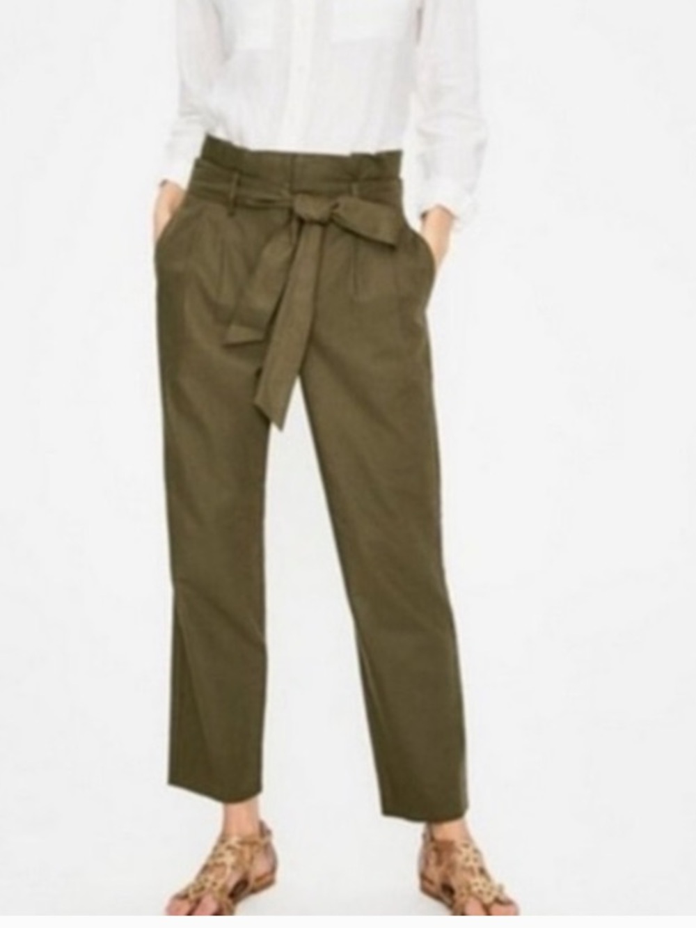 Boden St. Ives Olive Green Linen Blend Pleated‎ Paperbag High Rise Belted Pants